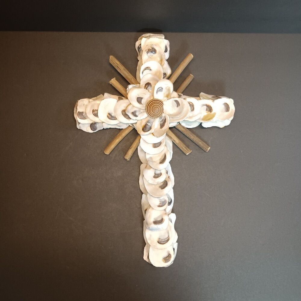 Oyster Shell Crucifix 16 x 10 Large Seashell Cross Coastal Christian Wall Art